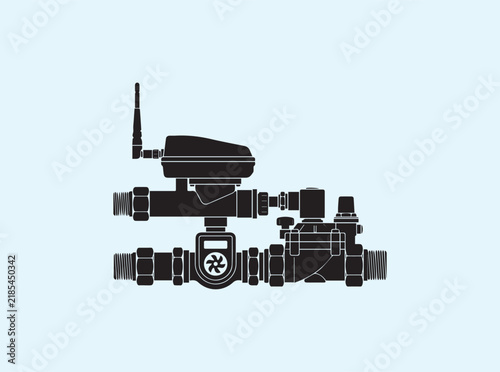 Smart irrigation valve with antenna and flow meter in black side silhouette on white background