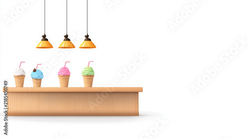 Colorful ice cream cones displayed wooden counter with pendant lights above, creating cheerful