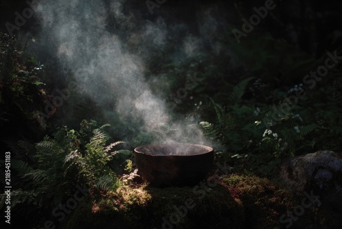 Smoky cauldron resting on mossy forest floor with rising steam for mystical background and ritual scene design