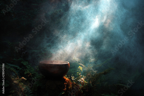 Forest cauldron oracle with steaming bowl and sunbeam through mist for mystical background and nature ritual banner design