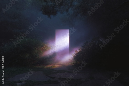 Ethereal portal doorway in a dark forest with purple light and mist for surreal background and fantasy banner or wallpaper design