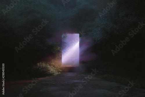 Ethereal portal in forest doorway glowing with light over stone steps for surreal background and mysterious wallpaper design