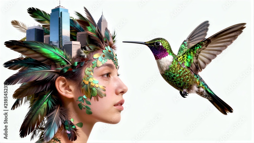Obraz premium Woman's head adorned with feathers, hummingbird flies beside city skyline.