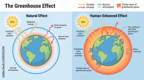 Greenhouse effect comparison between natural and human enhanced cycles