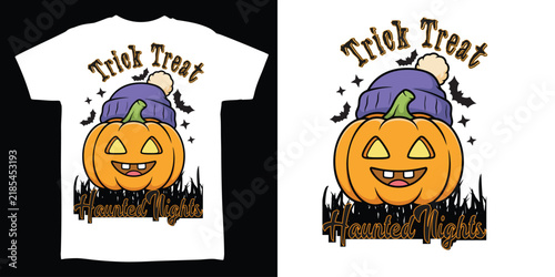 Trick or Treat Halloween T-Shirt Design with Jack O Lantern Witch Hat and Bats