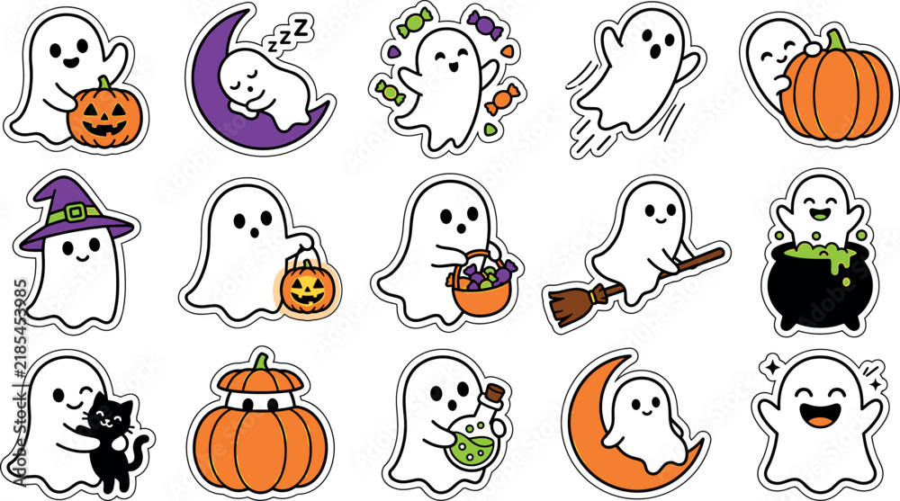Obraz premium Halloween cute ghost sticker vector sheet featuring cartoon phantom characters with pumpkin candy basket witch broom and potion bottle