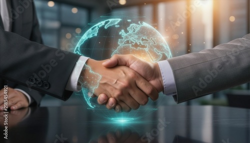 Global Corporate Business Handshake with Holographic Earth Globe