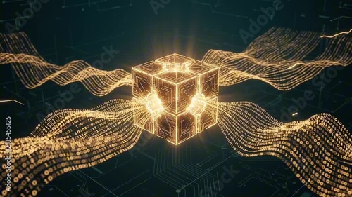 Abstract golden cube radiating light and connected by digital data streams, representing advanced technology and data processing