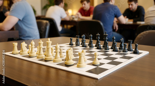 Close-up of Chessboard with Pieces on Wooden Table in Chess Club with Blurry Players in Background