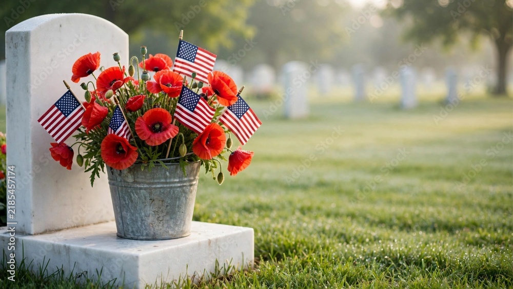 Obraz premium A grave adorned with red poppies and American flags, honoring veterans on Memorial Day with a patriotic tribute