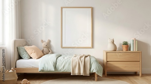 Modern minimalist nursery interior with a blank wooden frame mockup on the wall.