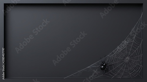 Monochromatic dark frame containing elegant white spiderweb and realistic black spider in corner.