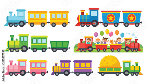 Bild auf Leinwand Cute cartoon toy train vector set with colorful locomotives passenger wagons circus cars and happy children riding, 17 words