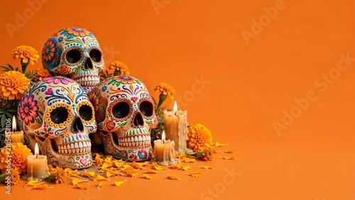 Colorful Day of the Dead skulls surrounded by candles and marigold flowers on an altar, celebrating Mexican culture and heritage