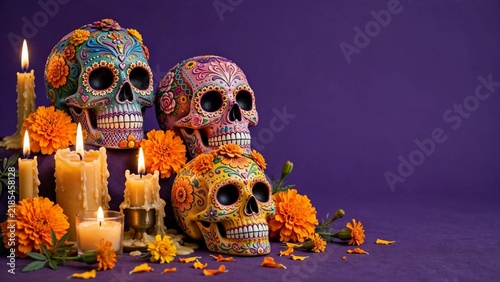Colorful Day of the Dead skulls surrounded by candles, symbolizing remembrance and celebration of loved ones who have passed