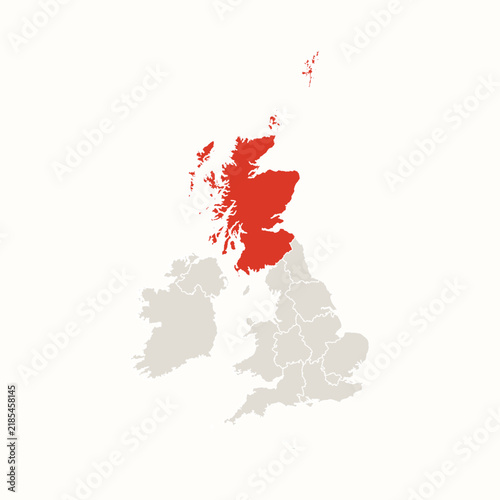 Scotland Highlighted in Red on United Kingdom and Ireland Map