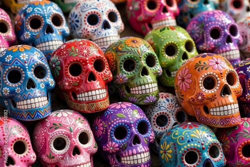 Colorful sugar skulls lined up, representing the traditional offerings for Dia de los Muertos, honoring deceased loved ones
