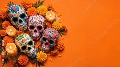 Decorative Day of the Dead skulls placed among candles and flowers, symbolizing remembrance in Mexican culture