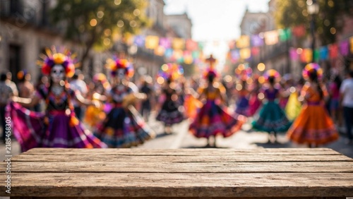 Mexican folk dancers showcase their cultural heritage in the street, celebrating Día de los Muertos with colorful outfits and music