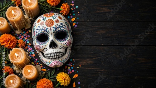 Traditional Day of the Dead skull with candles and marigold flowers displayed on a wooden table
