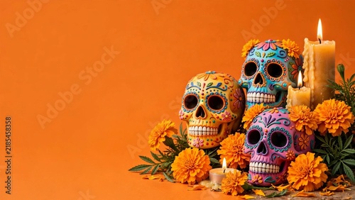 Vibrant sugar skulls with candles and marigolds, part of a Day of the Dead altar honoring loved ones in Mexican tradition