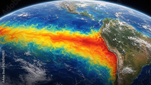 Satellite view of the earth showing a vibrant el nino weather pattern across the pacific ocean... de