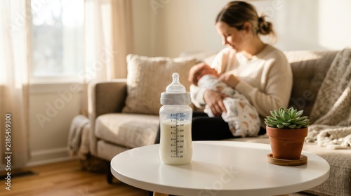 Plastic baby bottle filled with milk sitting on white table near mother holding newborn infant