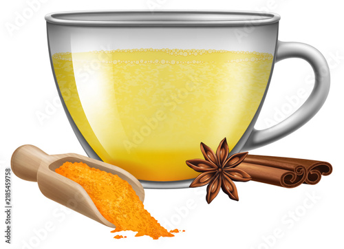 Golden milk turmeric latte in glass cup with powder scoop, cinnamon sticks, and star anise isolated on white background. Photo- realistic vector illustration.