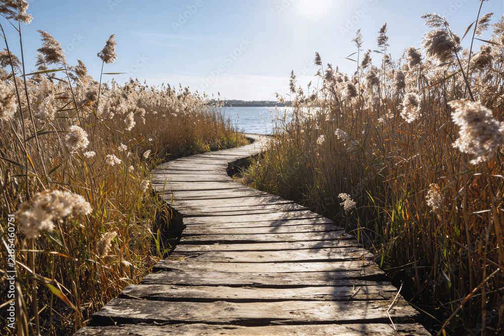 Obraz premium Wooden boardwalk through golden reed marshland toward open water