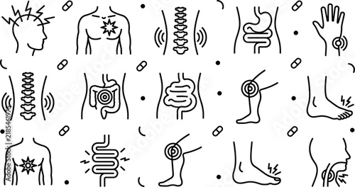 Medical pain symptom icon vector set featuring minimalist line art outlines of headache chest pain spine ache stomach cramp joint inflammation and throat soreness