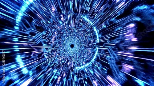 Cyber circuit tunnel radiates neon blue light trails in high speed motion.