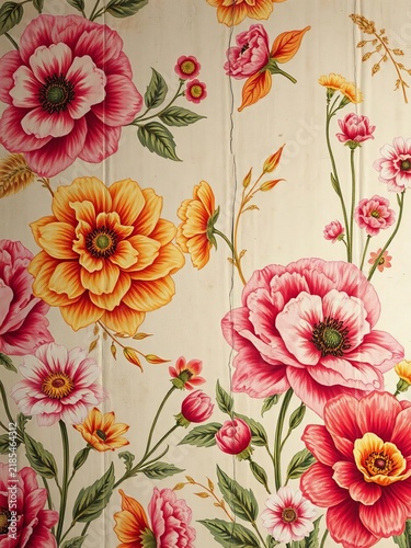 Faded floral wallpaper with a worn, textured finish and muted colors, floral,  ornate