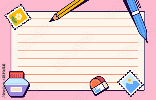 Blank lined letter paper with pen, pencil, ink bottle, and postage stamps in a colorful cartoon illustration for stationery, correspondence, education, and printable designs