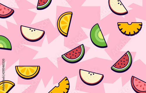 Collection of six cartoon fruit slices including kiwi pineapple orange watermelon and apple. fresh healthy food icons for summer and tropical concepts. vector art for icon or sticker design