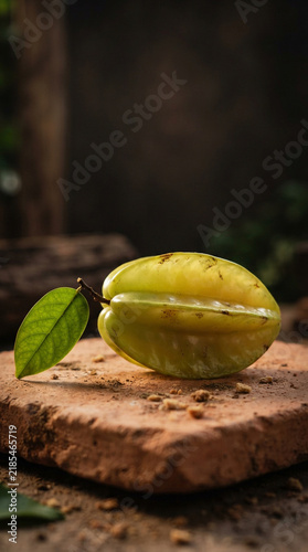 Whole carambola with crisp green leaf on terracotta surface with warm backlight and dark background