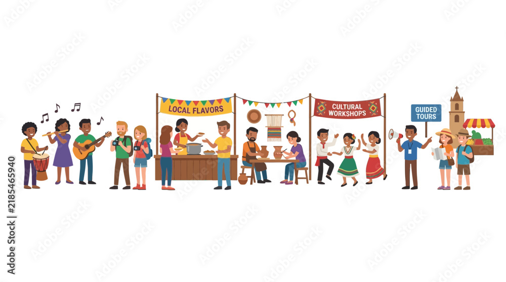 Fototapeta premium Diverse people enjoying cultural festival with music, food stalls, crafts, and tours