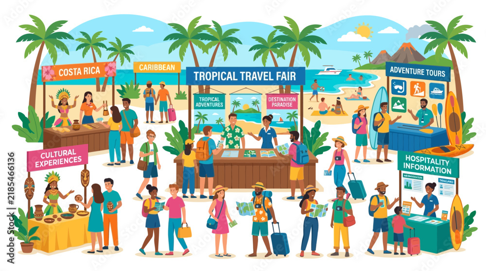 Fototapeta premium Tropical Travel Fair with People Exploring Destinations and Activities
