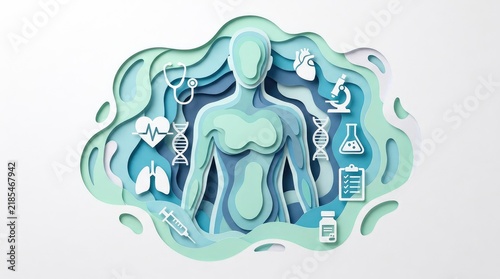 Human anatomy figure surrounded by medical equipment in layered paper art style with soft blue colors