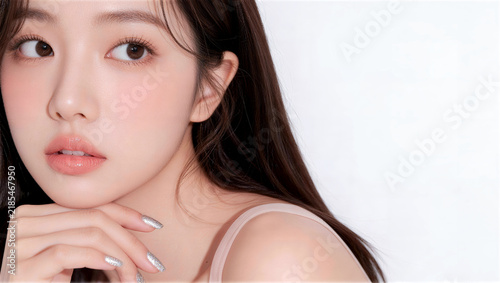 Obraz w ramie 顎にシルバーネイルの手を添える女性と右側の余白