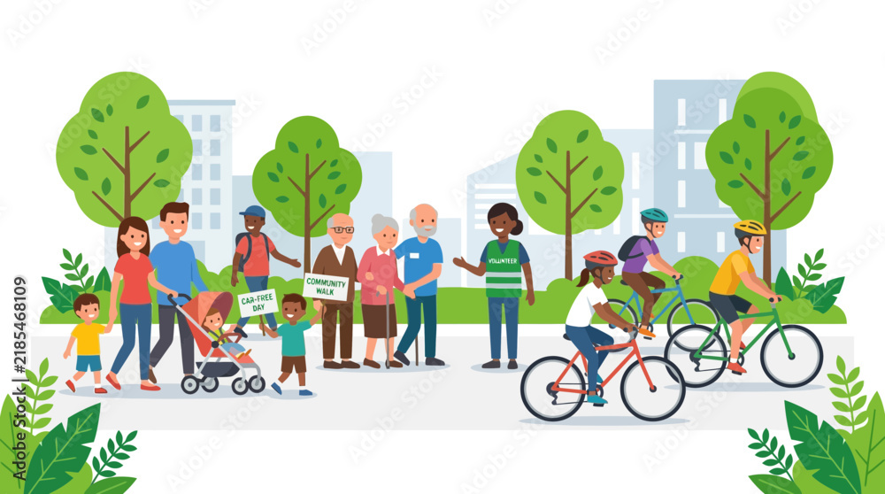 Fototapeta premium Diverse people enjoying outdoor city park activities, cycling, walking, family fun