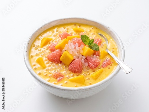 Mango sago pudding dessert bowl topped with pomelo fruit and fresh mint leaves