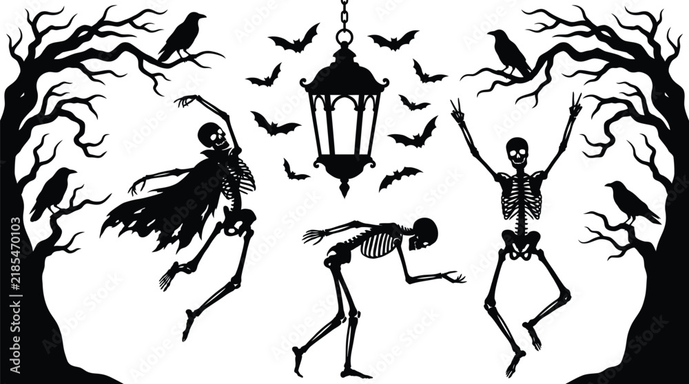 Fototapeta premium Dancing skeletons silhouette set for halloween vector graphic design with spooky ravens bats and iron lantern