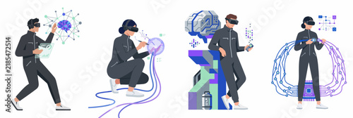 A collection of modern flat vector illustrations showing people wearing virtual reality headsets interacting with digital brains, networks, and advanced futuristic technology concepts.
