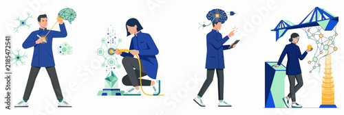 Flat vector illustrations depicting people interacting with advanced technology, neuroscience concepts, data structures, and innovative architectural designs in a modern style.