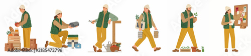 Set of illustrations showing a person engaged in homesteading activities like gardening, packing preserves, and managing a small business with an earthy aesthetic.