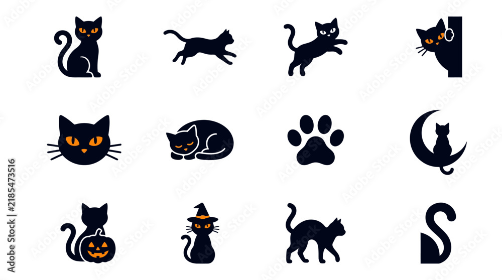 Obraz premium Black cat icons display various feline poses and Halloween symbols isolated on a white background.