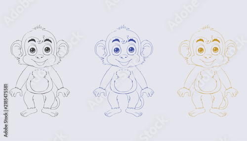 Cute smiling baby monkey character line art set with color variants