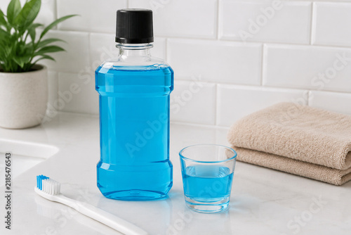 Blue mouthwash in clear glass bottle with small glass cup and toothbrush on white bathroom counter, folded beige towel, oral hygiene concept.