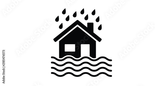 Minimalist black vector illustration showing a flooded house during heavy rain for residential insurance concepts design