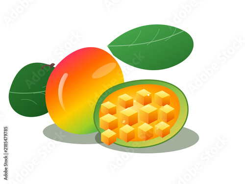 Fresh ripe mango fruit with green leaves and diced golden